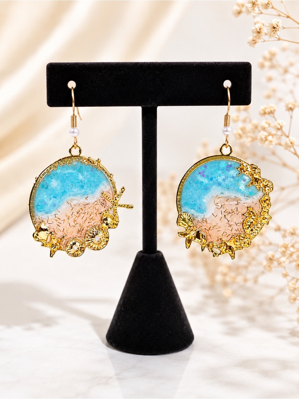 Gold-Plated Blue and Peach Coastal Dangle Earrings